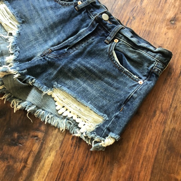 We The Free Destroyed Denim Button Up Shorts - Picture 2 of 11